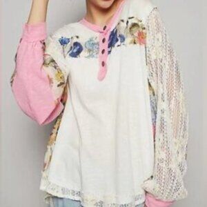 NWT LADIES SIZE M POL WHITE PINK FLORAL CROCHET LONG SLEEVE SHIRT YKT1529